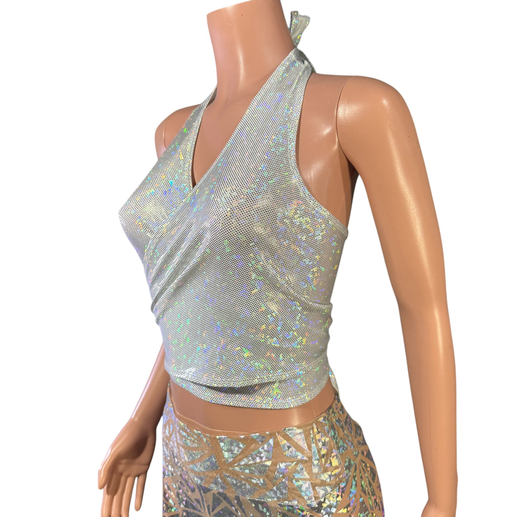 SALE - MEDIUM Cropped Halter Wrap Top in Silver on White Shattered Glass