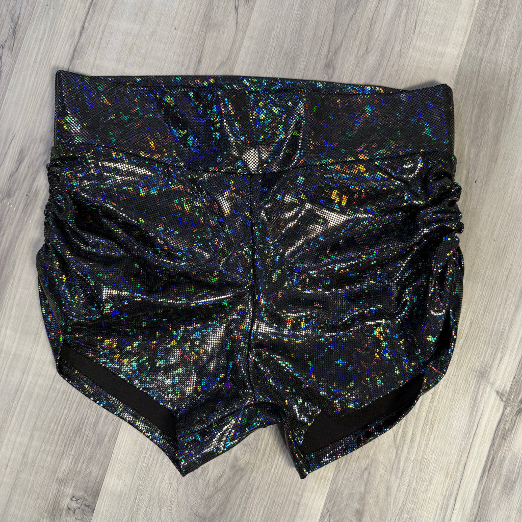 SALE - MEDIUM Black Shattered Glass MID-Rise Ruched Booty Shorts