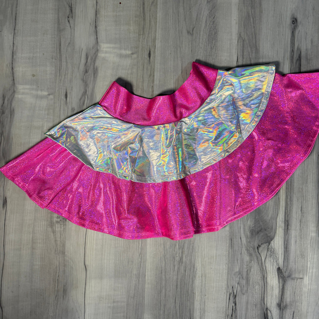 SALE - MEDIUM 12.5” 2-Layer Skater Skirt - Pink Holo W/ Opal