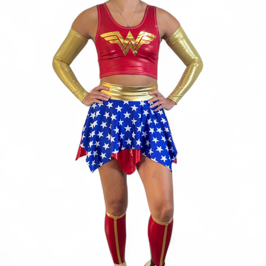 Superhero Woman Costume – 4-Piece Set with Arm & Calf Sleeves