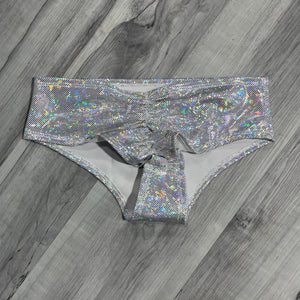 SALE - XSMALL - Mid-Rise Scrunch Bikini Hot Pants - Silver Shattered Glass