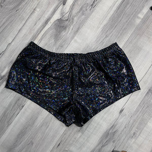 SALE - MEDIUM Rave Shorts - Black Shattered Glass Holographic