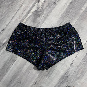 SALE - MEDIUM Rave Shorts - Black Shattered Glass Holographic