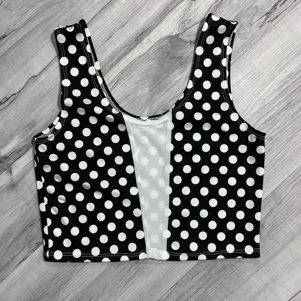 SALE - SMALL Mesh Inset Crop Tank Top - Black & White Polka Dot