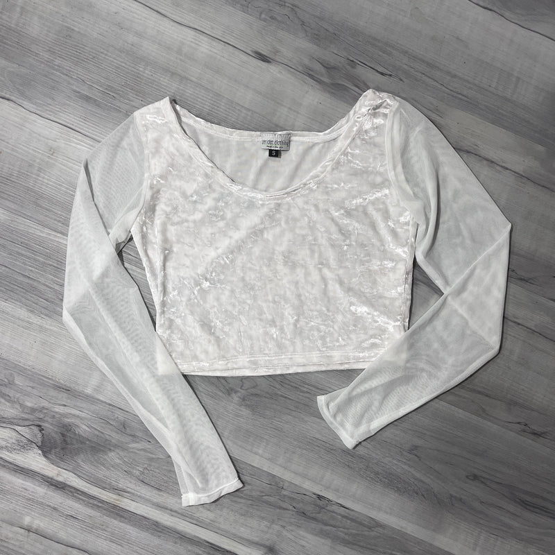 SALE - SMALL Long Sleeve Crop Top - White Crushed Velvet and White Mesh