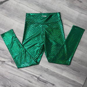 SALE - LARGE - Green Mermaid Scale Holographic High Waisted Leggings Pants