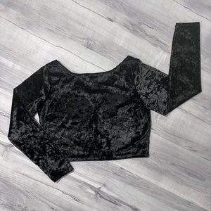 SALE - XL - Long Sleeve Crop Top - Black Crushed Velvet