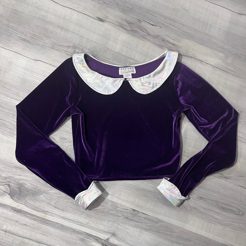 SALE - SMALL - Purple Velvet Collared Long Sleeve Crop Top