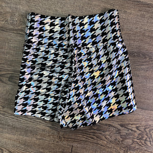 SALE - High Waist Booty Shorts - Silver/Black Houndstooth Holographic - Peridot Clothing