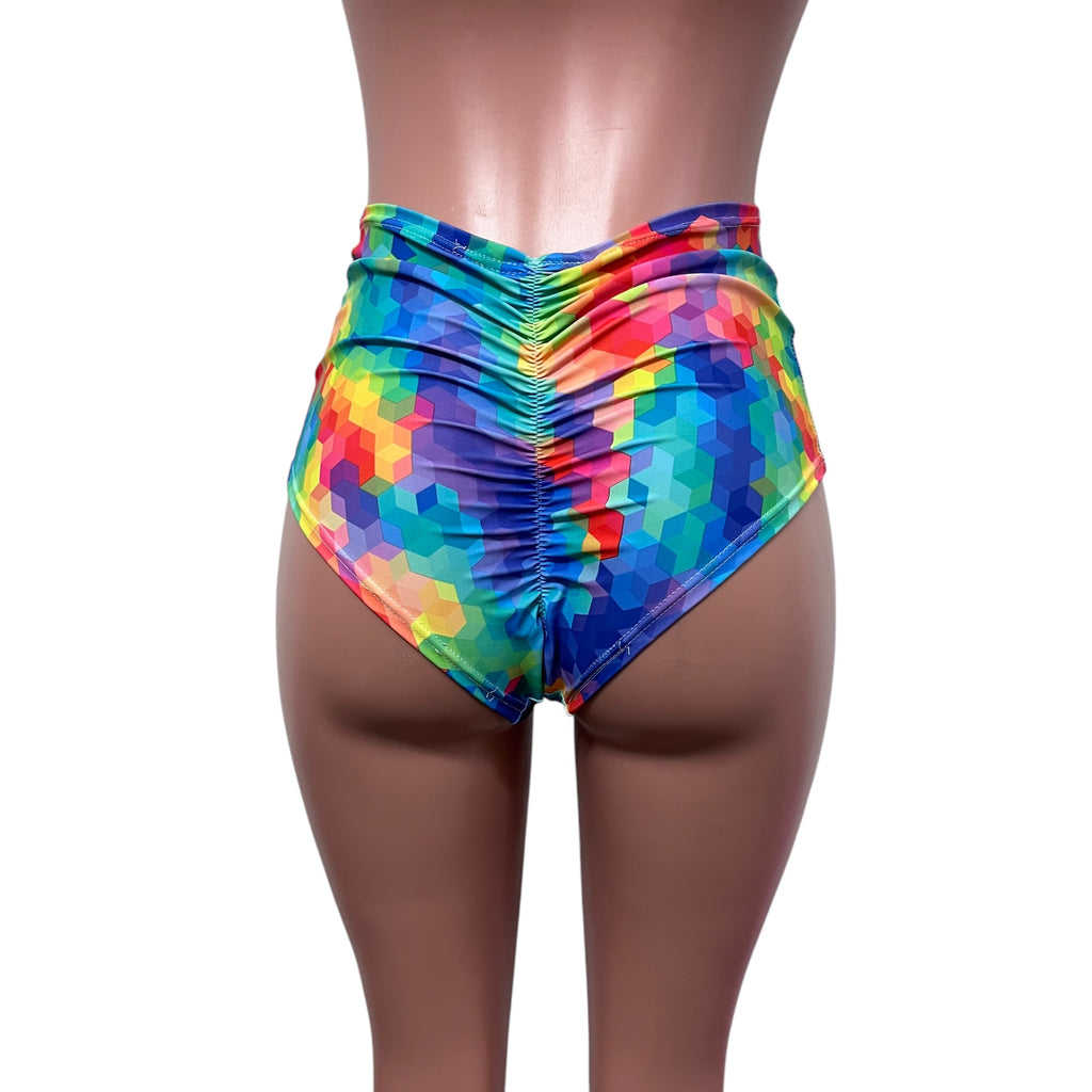 SALE - Rainbow Geo High Waisted Scrunch Bikini Hot Pants