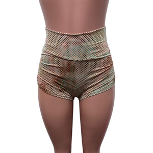 SALE - High Waisted Ruched Booty Shorts - Sheer Rainbow Dot