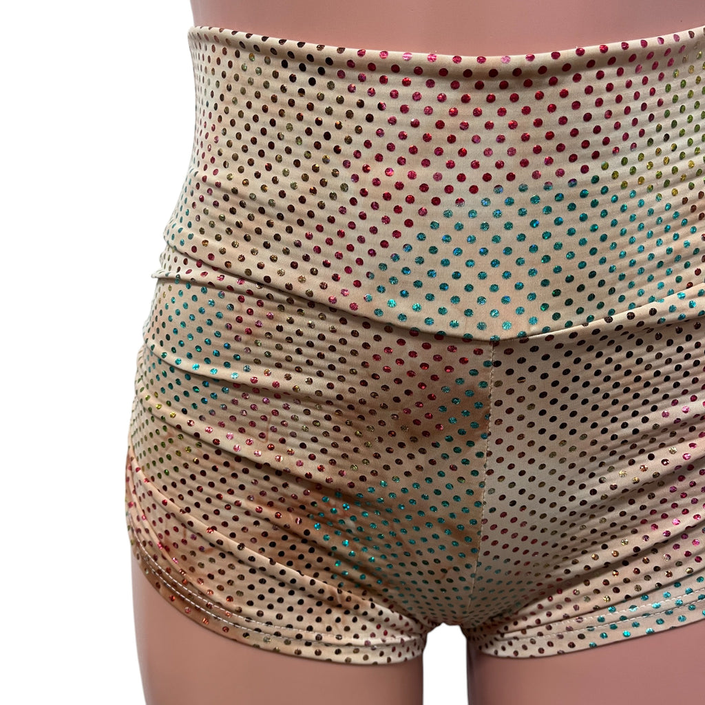 SALE - High Waisted Ruched Booty Shorts - Sheer Rainbow Dot