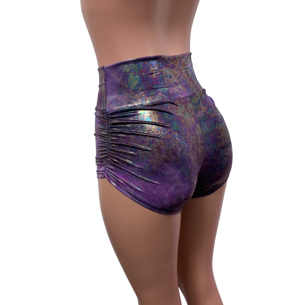 SALE - High Waisted Ruched Booty Shorts - Oil Spill