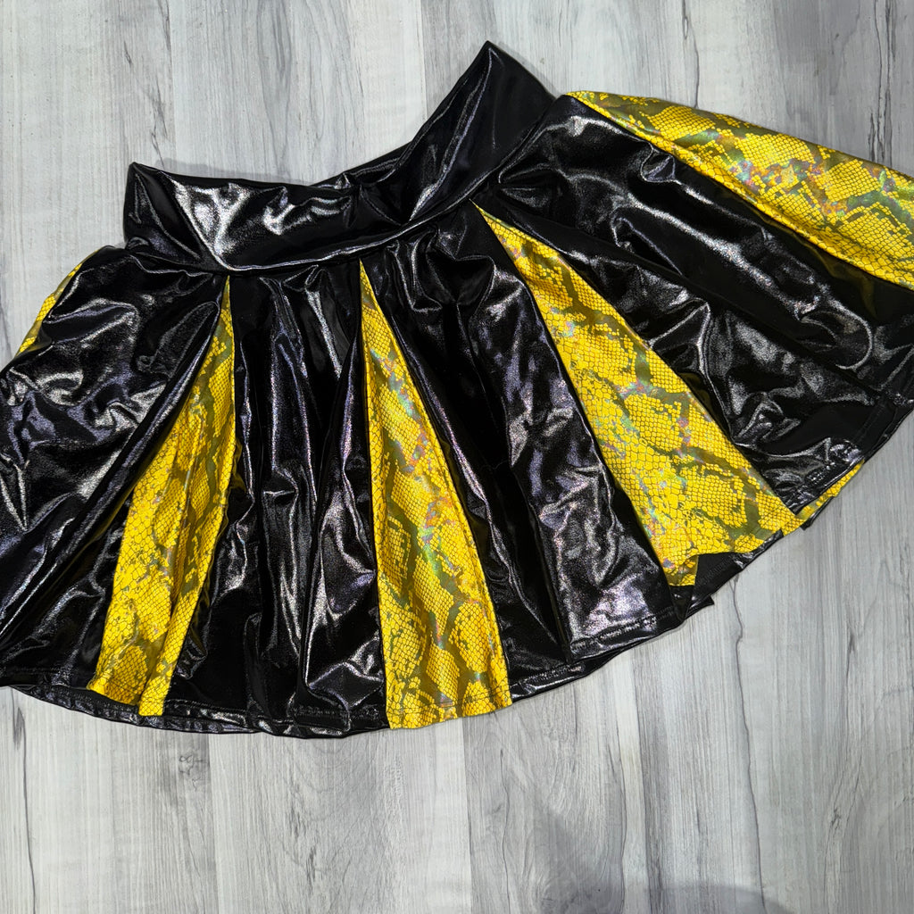 SALE - MEDIUM Pleated Skater Skirt in Black Metallic and Yellow Snakeskin