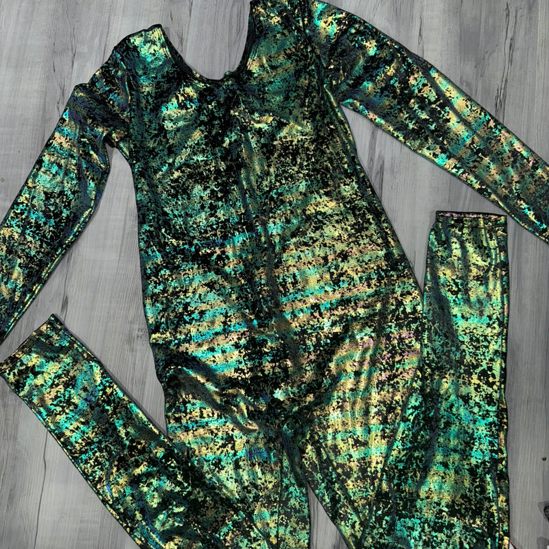 SALE - MEDIUM Catsuit in Green on Black Gilded Velvet