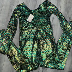 SALE - MEDIUM Catsuit in Green on Black Gilded Velvet