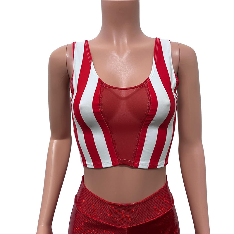 Mesh Inset Crop Tank Top - Red Stripe