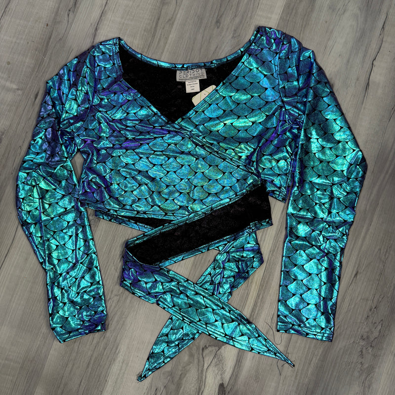 SALE - LARGE or XL Long Sleeve Crop Wrap Top - Mermaid Holographic