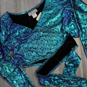 SALE - LARGE or XL Long Sleeve Crop Wrap Top - Mermaid Holographic