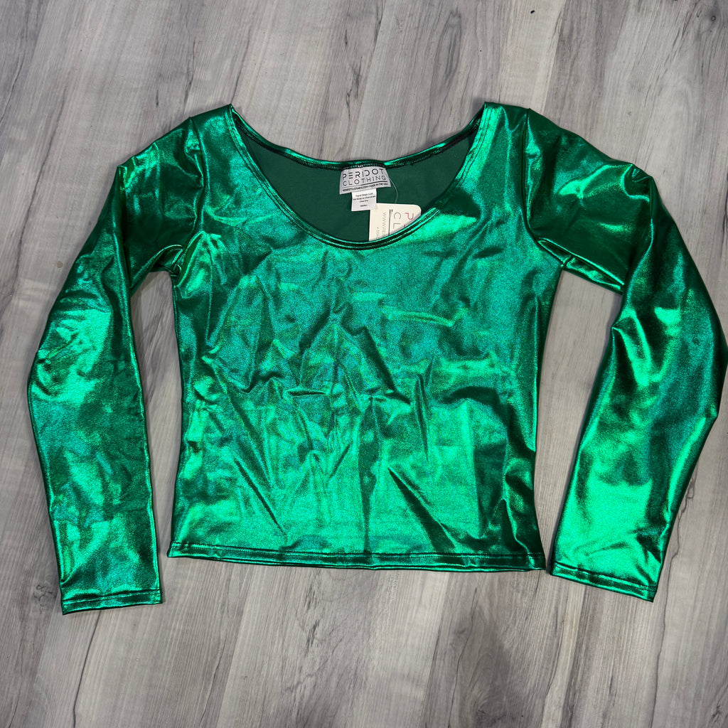 SALE - SMALL - Long Sleeve Crop Top - Green Metallic