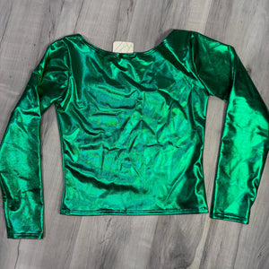 SALE - SMALL - Long Sleeve Crop Top - Green Metallic