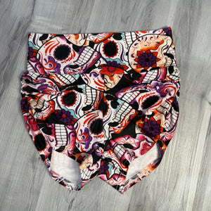 SALE - High Waisted Ruched Booty Shorts - Groovy Skulls