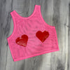 Sheer Top - Pink w/Hearts Mesh Crop Top in Valentine's Raves, Festivals, Performers, Aerial, Pasties Pole Shirt