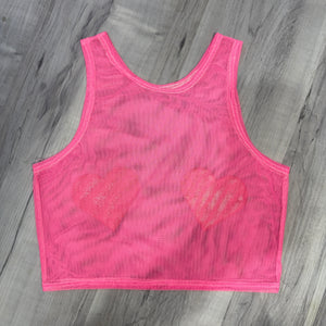 Sheer Top - Pink w/Hearts Mesh Crop Top in Valentine's Raves, Festivals, Performers, Aerial, Pasties Pole Shirt