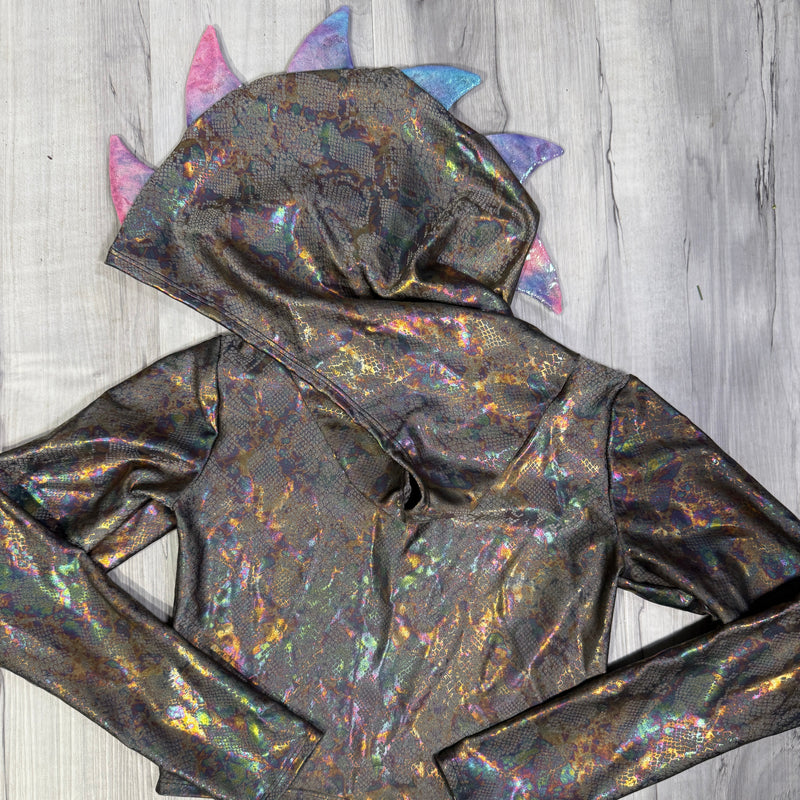 Dragon Spike Hooded Crop Top in Gray Reptile Snakeskin - Choose Sleeve Length