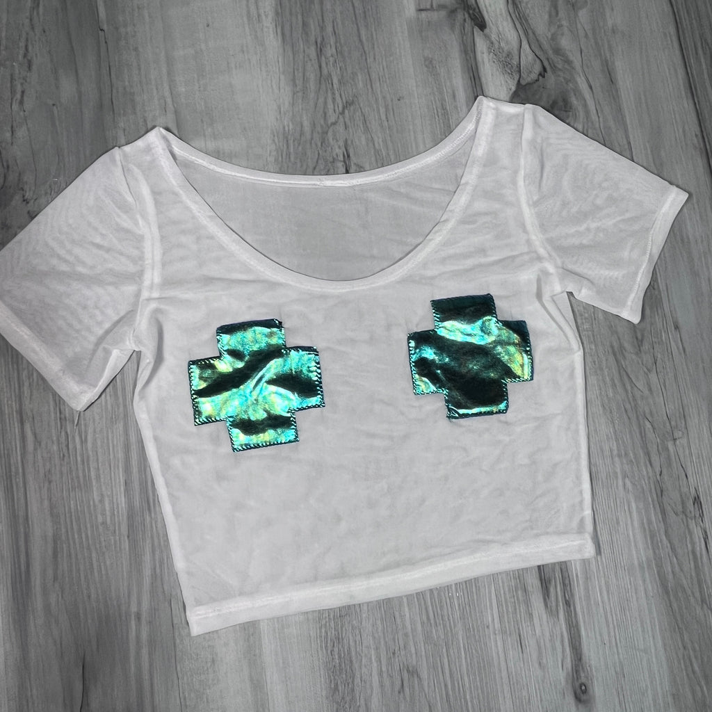 SALE - White Mesh with Crosses Cropped Tee Shirt Top - Peridot Clothing