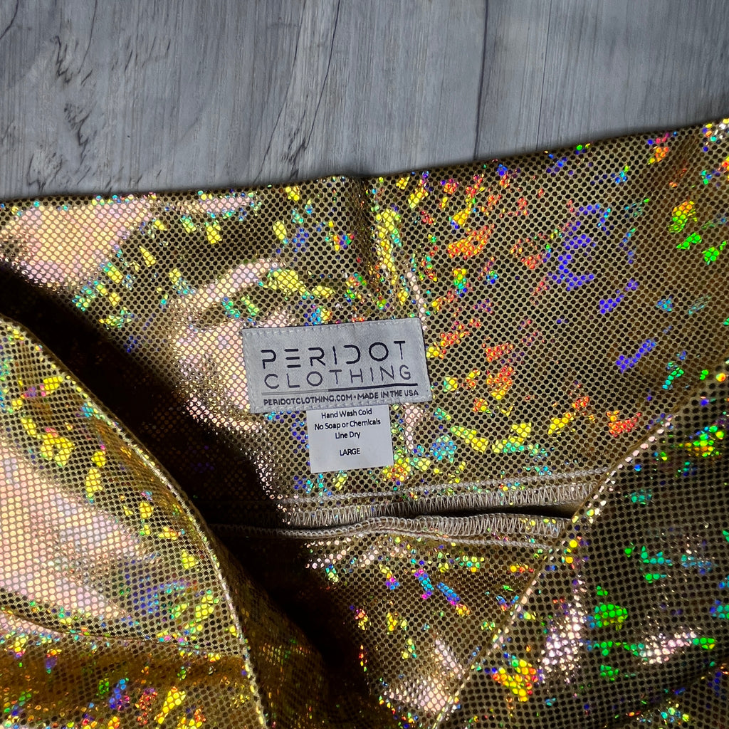 SALE - LARGE - High Waisted Ruched Booty Shorts - Gold Shattered Glass - Peridot Clothing
