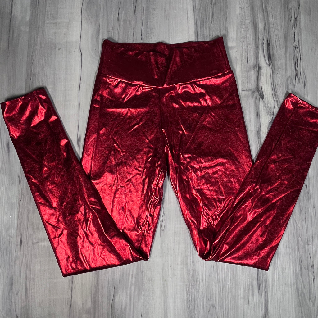 SALE - LARGE ONLY - Red Metallic High Waisted Leggings Pants - Peridot Clothing