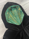SALE - Hooded Catsuit in Black Velvet and Jade Shattered Glass - Peridot Clothing