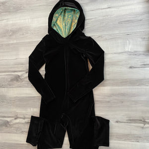 SALE - Hooded Catsuit in Black Velvet and Jade Shattered Glass - Peridot Clothing