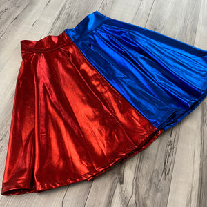 SALE - MEDIUM 19" Length Skater Skirt - Harley Quinn Blue/Red Metallic - Peridot Clothing