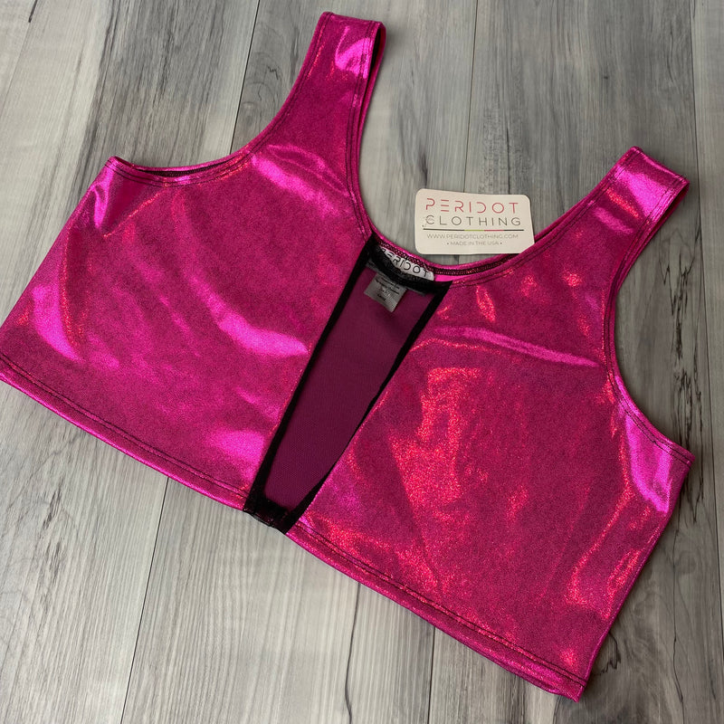 SALE - XL Mesh Inset Crop Tank Top - Pink Sparkle w/Black Mesh - Peridot Clothing