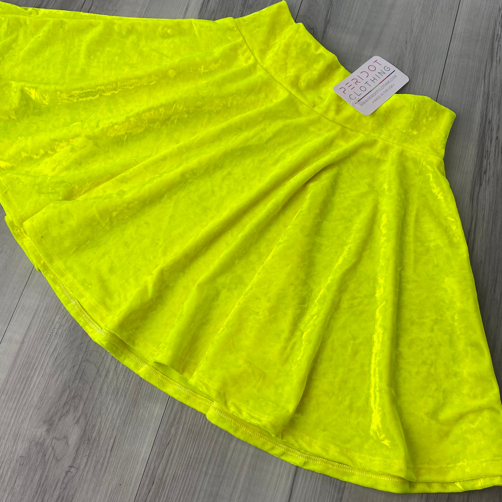 SALE - Skater Skirt - Neon Yellow Crushed Velvet - Peridot Clothing