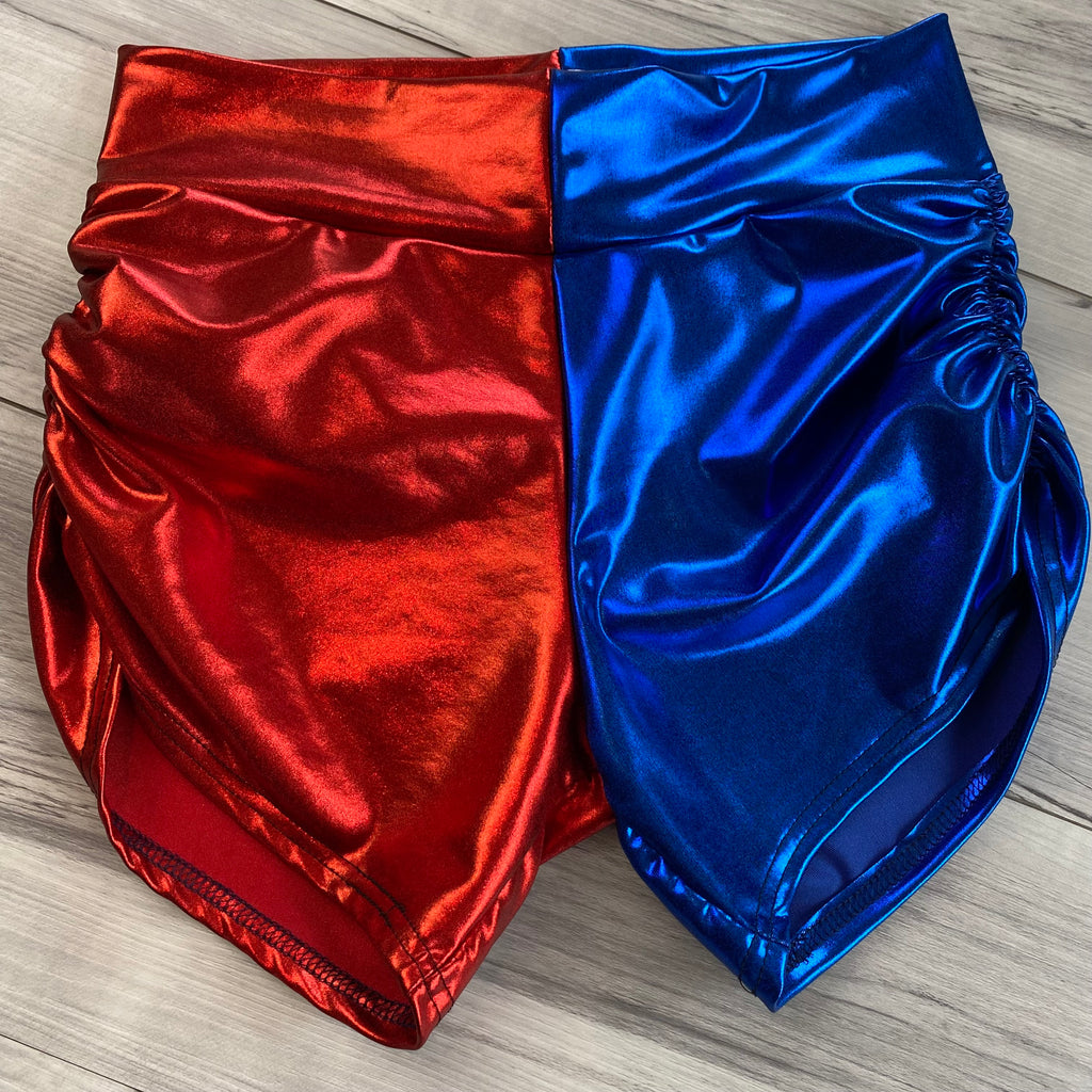 SALE - SMALL 4" Inseam High Waisted Ruched Booty Shorts - Harley Quinn Blue/Red Metallic - Peridot Clothing