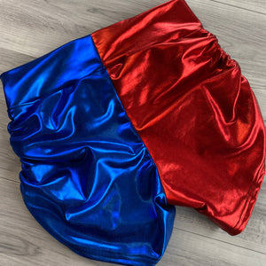 SALE - SMALL 4" Inseam High Waisted Ruched Booty Shorts - Harley Quinn Blue/Red Metallic - Peridot Clothing