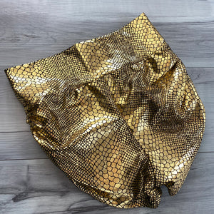SALE - MEDIUM - High Waisted Ruched Booty Shorts - Gold Snakeskin Metallic - Peridot Clothing