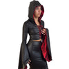 Sorceress Costume w/ Bell Sleeve Lace-Up Hood Top and Long Fit n Flare Skirt in Black Matte Metallic Lined with UV Glow Red Lightning (Copy)