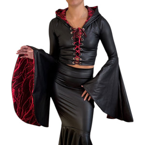 Sorceress Costume TOP Only w/ Lace-Up Front and Bell Sleeves in Black Matte Metallic Lined with UV Glow Red Lightning