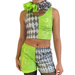 Neon Jester Clown Costume – 3-Piece Set with Crop Top, Bloomers & Ruffle Choker