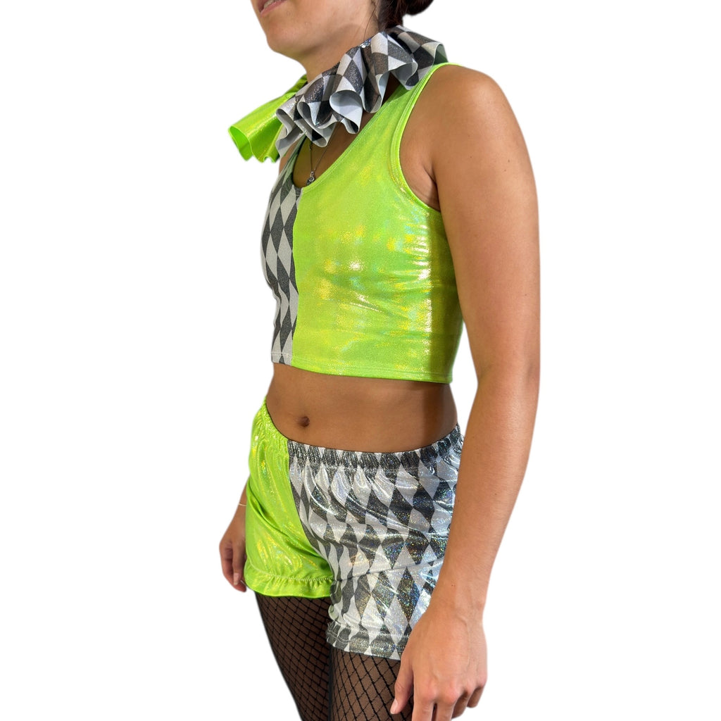 Neon Jester Clown Costume – 3-Piece Set with Crop Top, Bloomers & Ruffle Choker
