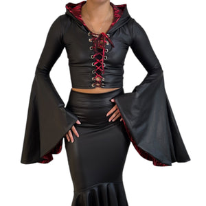 Sorceress Costume TOP Only w/ Lace-Up Front and Bell Sleeves in Black Matte Metallic Lined with UV Glow Red Lightning