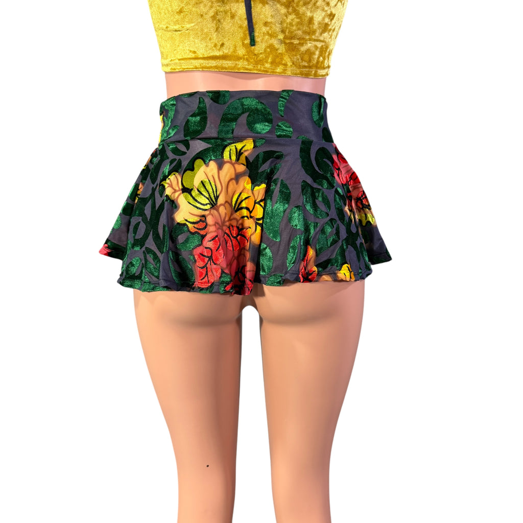 Super Mini 10" Skirt in Burnout Velvet Swirl Floral in Black or Green - Peridot Clothing