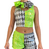 Neon Jester Clown Costume – 3-Piece Set with Crop Top, Bloomers & Ruffle Choker