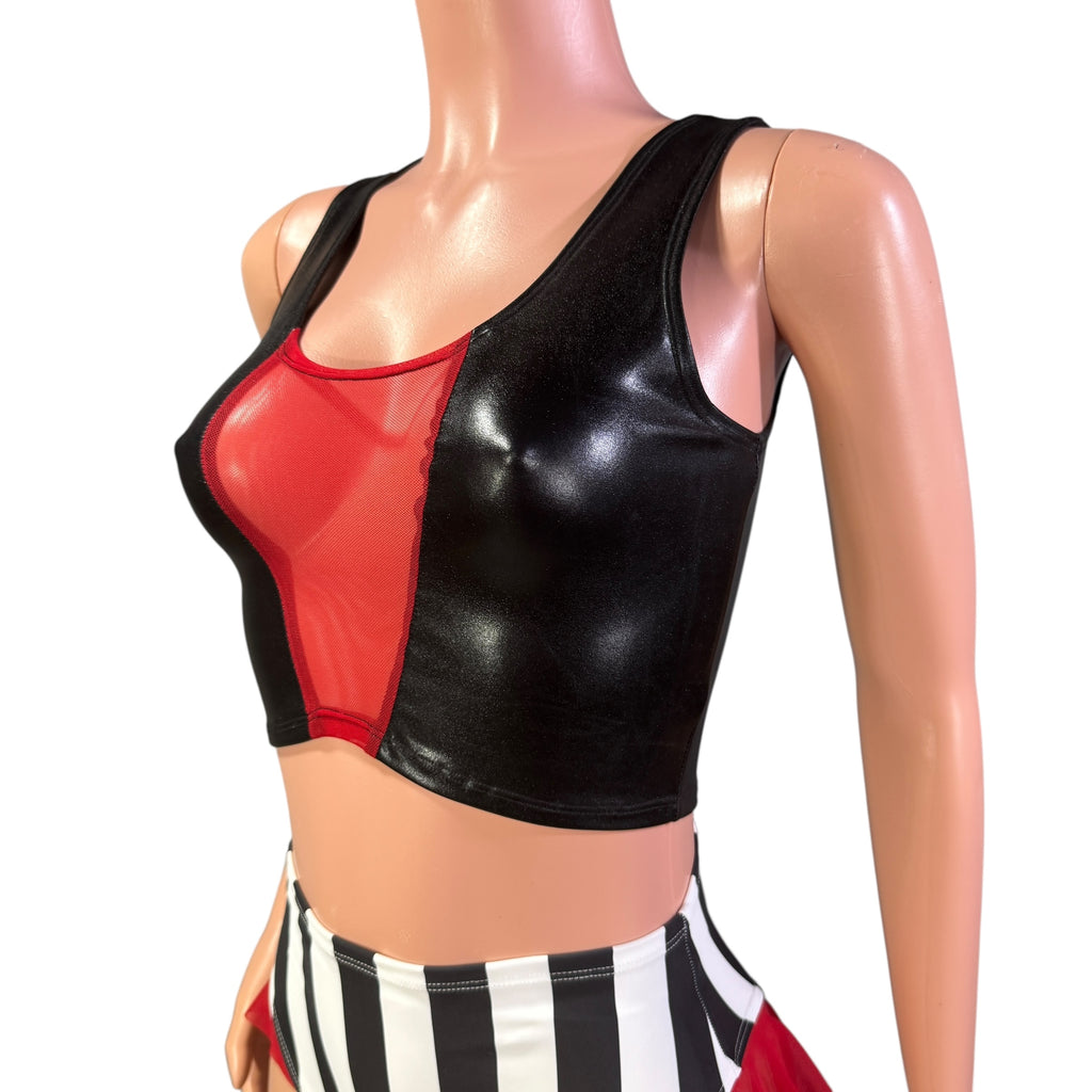 Mesh Inset Crop Tank - Black Metallic "Wet Look" w/Red Mesh