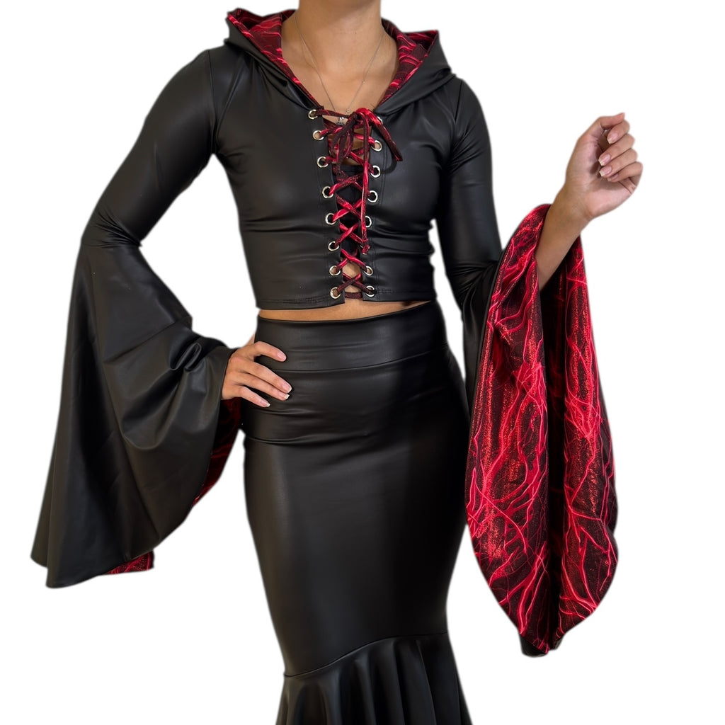 Sorceress Costume TOP Only w/ Lace-Up Front and Bell Sleeves in Black Matte Metallic Lined with UV Glow Red Lightning