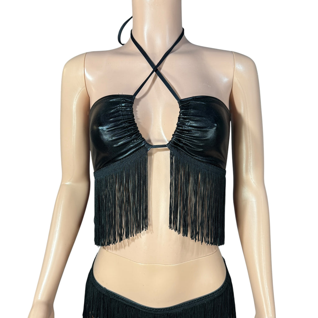 Black Matte Metallic Fringe X-String Bikini Top